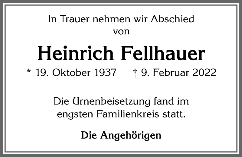  Traueranzeige für Heinrich Fellhauer vom 05.03.2022 aus Allgäuer Zeitung, Marktoberdorf