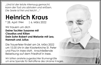Traueranzeige von Heinrich Kraus von Allgäuer Zeitung, Kaufbeuren/Buchloe