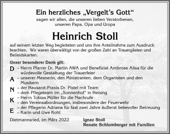 Traueranzeige von Heinrich Stoll von Allgäuer Zeitung,Kempten