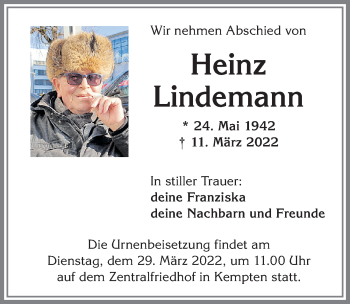 Traueranzeige von Heinz Lindemann von Allgäuer Zeitung,Kempten