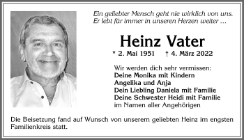 Traueranzeige von Heinz Vater von Allgäuer Zeitung, Kaufbeuren/Buchloe