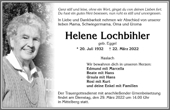 Traueranzeige von Helene Lochbihler von Allgäuer Anzeigeblatt