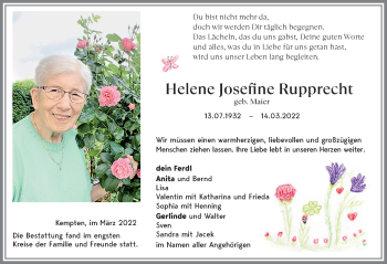 Traueranzeige von Helene Josefine Rupprecht von Allgäuer Zeitung,Kempten