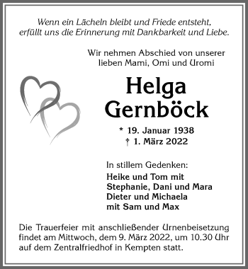 Traueranzeige von Helga Gernböck von Allgäuer Zeitung,Kempten