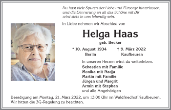 Traueranzeige von Helga Haas von Allgäuer Zeitung, Kaufbeuren/Buchloe