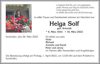 Traueranzeige von Helga Solf von Allgäuer Anzeigeblatt