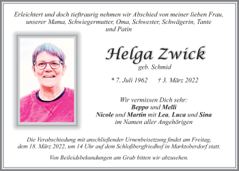 Traueranzeige von Helga Zwick von Allgäuer Zeitung, Marktoberdorf
