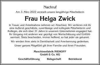 Traueranzeige von Helga Zwick von Allgäuer Zeitung, Marktoberdorf