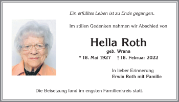 Traueranzeige von Hella Roth von Allgäuer Zeitung, Kaufbeuren/Buchloe