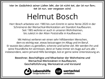 Traueranzeige von Helmut Bosch von Allgäuer Zeitung, Kaufbeuren/Buchloe