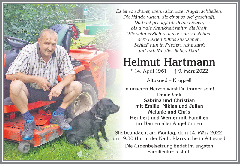  Traueranzeige für Helmut Hartmann vom 12.03.2022 aus Allgäuer Zeitung,Kempten