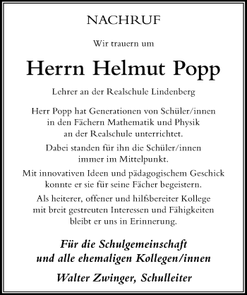 Traueranzeige von Helmut Popp von Der Westallgäuer