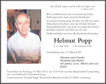 Traueranzeige von Helmut Popp von Der Westallgäuer