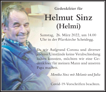 Traueranzeige von Helmut Sinz von Der Westallgäuer