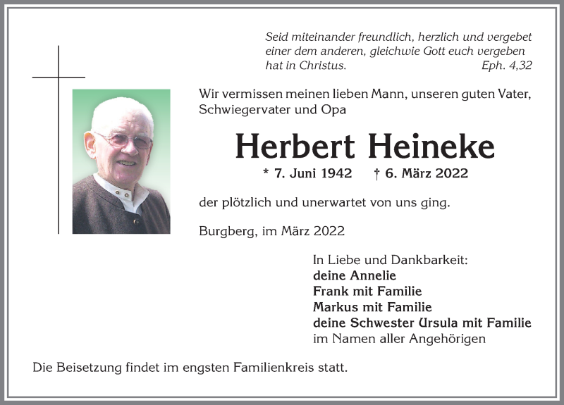  Traueranzeige für Herbert Heineke vom 12.03.2022 aus Allgäuer Anzeigeblatt