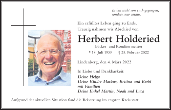 Traueranzeige von Herbert Holderied von Der Westallgäuer