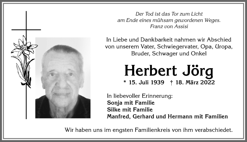  Traueranzeige für Herbert Jörg vom 28.03.2022 aus Allgäuer Anzeigeblatt