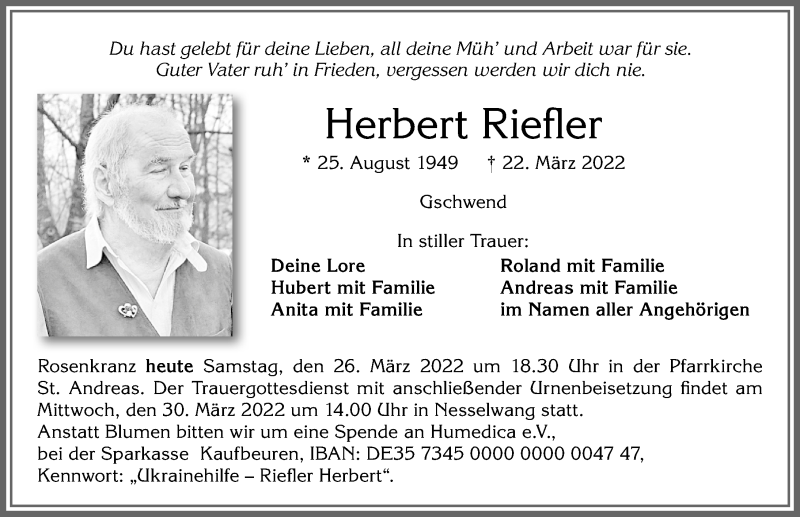  Traueranzeige für Herbert Riefler vom 26.03.2022 aus Allgäuer Zeitung, Füssen
