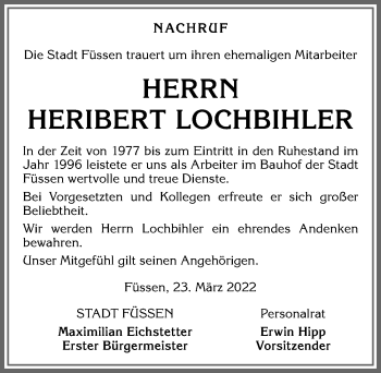 Traueranzeige von Heribert Lochbihler von Allgäuer Zeitung, Füssen