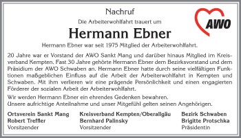 Traueranzeige von Hermann Ebner von Allgäuer Zeitung,Kempten