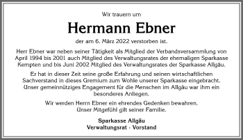 Traueranzeige von Hermann Ebner von Allgäuer Zeitung,Kempten