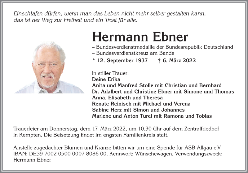  Traueranzeige für Hermann Ebner vom 14.03.2022 aus Allgäuer Zeitung,Kempten
