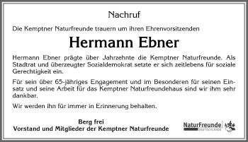 Traueranzeige von Hermann Ebner von Allgäuer Zeitung,Kempten
