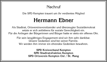 Traueranzeige von Hermann Ebner von Allgäuer Zeitung,Kempten
