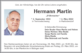 Traueranzeige von Hermann Martin von Allgäuer Zeitung, Marktoberdorf