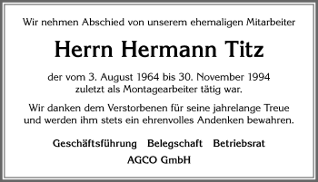 Traueranzeige von Hermann Titz von Allgäuer Zeitung, Marktoberdorf