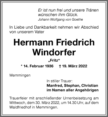 Traueranzeige von Hermann Friedrich Windorfer von Memminger Zeitung