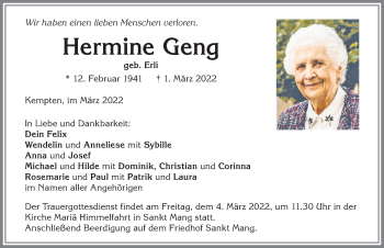 Traueranzeige von Hermine Geng von Allgäuer Zeitung,Kempten
