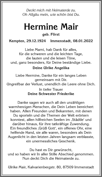 Traueranzeige von Hermine Mair von Allgäuer Anzeigeblatt