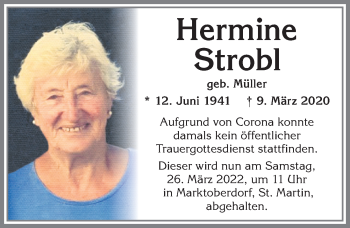 Traueranzeige von Hermine Strobl von Allgäuer Zeitung, Marktoberdorf