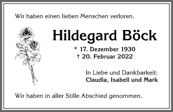 Traueranzeige von Hildegard Böck von Allgäuer Anzeigeblatt