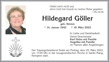 Traueranzeige von Hildegard Göller von Allgäuer Zeitung,Kempten
