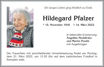 Traueranzeige von Hildegard Pfalzer von Allgäuer Zeitung,Kempten