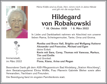 Traueranzeige von Hildegard von Robakowski von Allgäuer Anzeigeblatt
