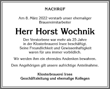 Traueranzeige von Horst Wochnik von Allgäuer Zeitung, Kaufbeuren/Buchloe