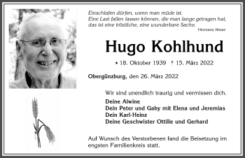 Traueranzeige von Hugo Kohlhund von Allgäuer Zeitung, Marktoberdorf