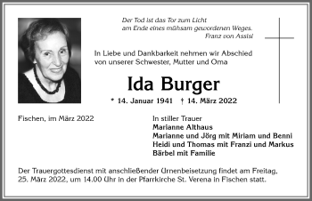 Traueranzeige von Ida Burger von Allgäuer Anzeigeblatt
