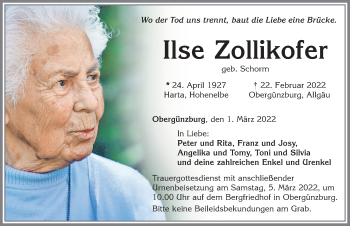 Traueranzeige von Ilse Zollikofer von Allgäuer Zeitung, Marktoberdorf