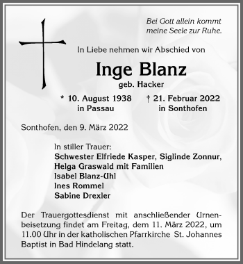 Traueranzeige von Inge Blanz von Allgäuer Anzeigeblatt