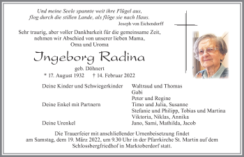 Traueranzeige von Ingeborg Radina von Allgäuer Zeitung, Marktoberdorf