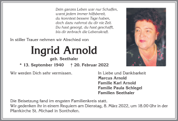 Traueranzeige von Ingrid Arnold von Allgäuer Anzeigeblatt