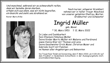 Traueranzeige von Ingrid Müller von Allgäuer Zeitung,Kempten