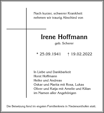 Traueranzeige von Irene Hoffmann von Allgäuer Anzeigeblatt