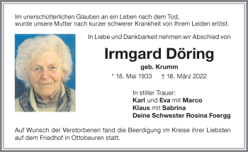Traueranzeige von Irmgard Döring von Memminger Zeitung