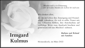 Traueranzeige von Irmgard Kulmus von Der Westallgäuer