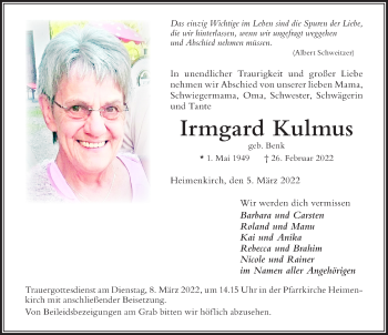 Traueranzeige von Irmgard Kulmus von Der Westallgäuer